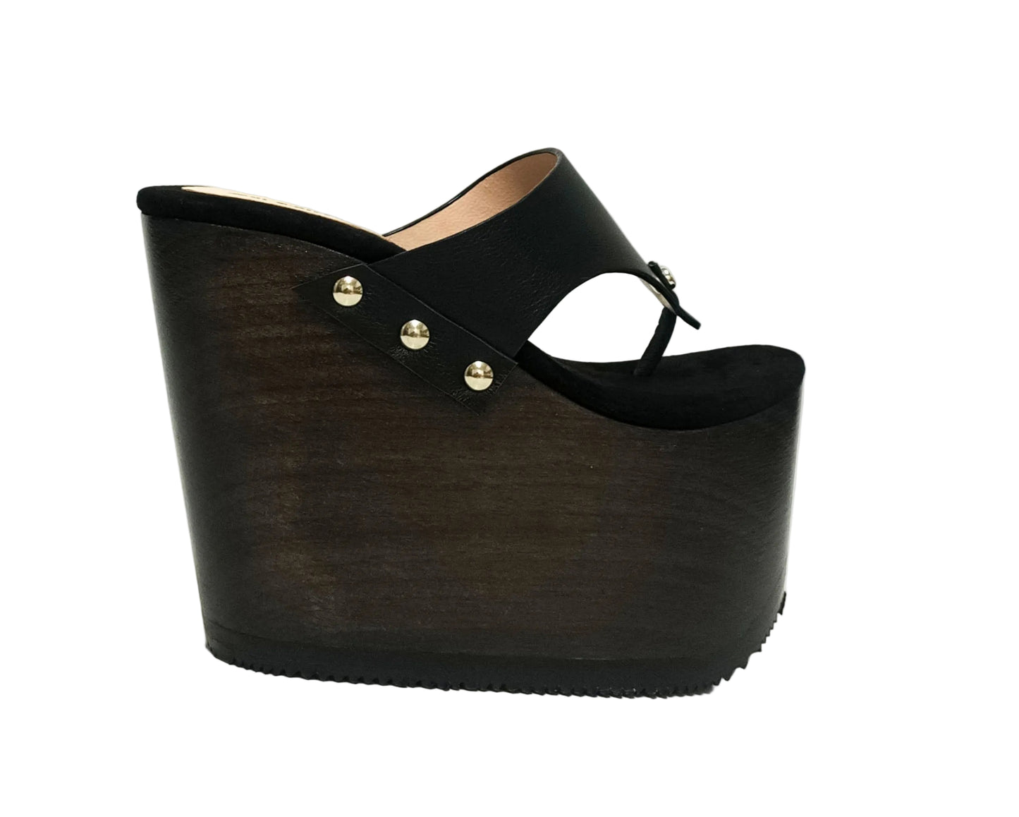 Pair of Sol Caleyo Kauai XL handcrafted flip flop sandals featuring black genuine leather straps, silver studs, and a high wengue-colored wooden platform sole.
