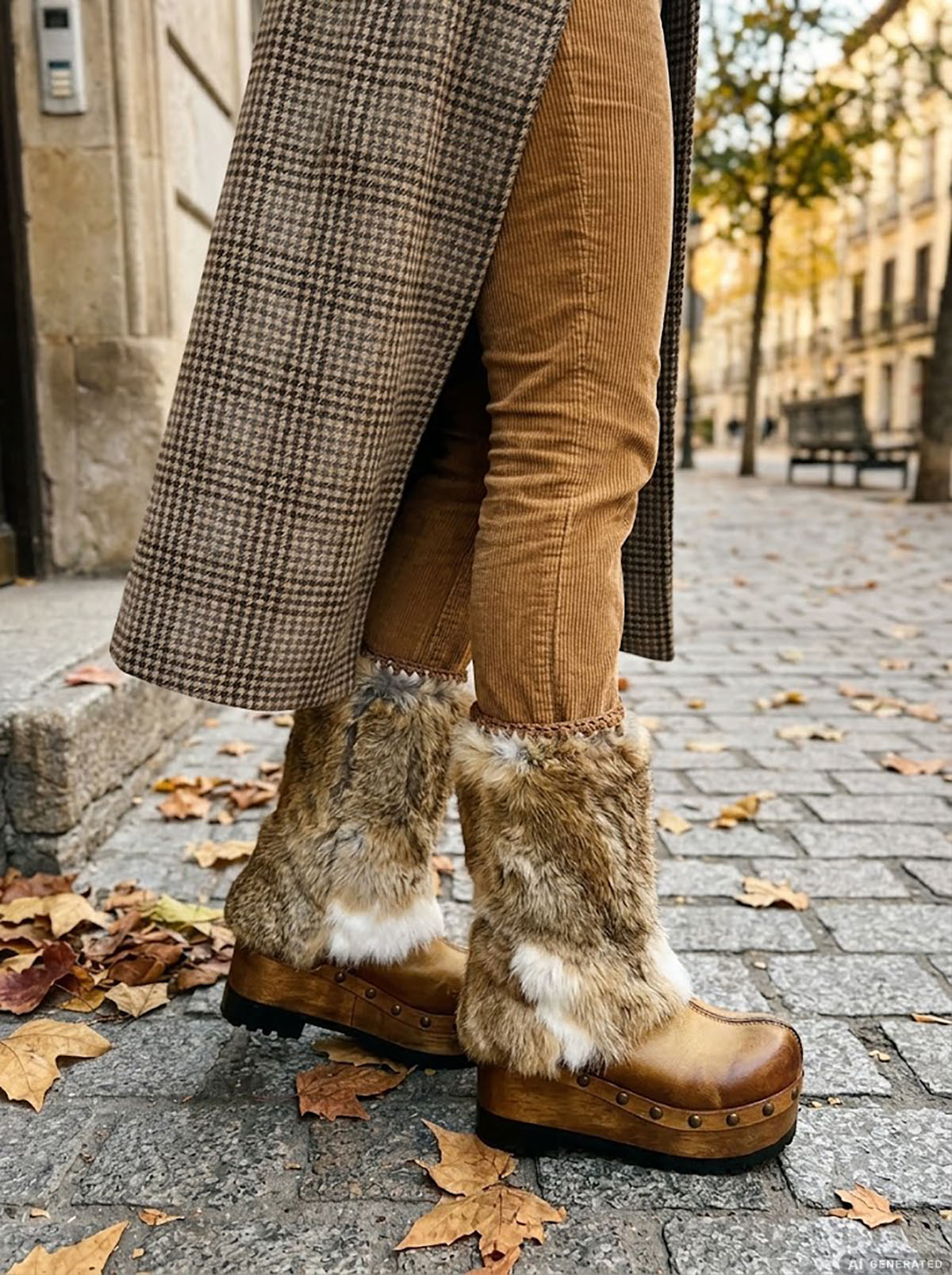 Person wearing handmade beige leather and fur platform boots, showing fit and bohemian style.