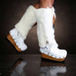 White fur boots with wooden wedge. White bohemian style leather boots. Handmade clogs shoes. White fur boots decorated with feathers, natural shells and horns. High-end handmade footwear by Sol Caleyo. Handmade Furry Shoes.