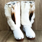 White handmade boho leather and rabbit fur wedge boots with carved bone, shells and feathers by Sol Caleyo
