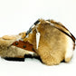 Handmade smooth camel leather closed-toe platform mule clogs with brown rabbit fur, feathers, bone, carved horn, shells and 6 cm natural lacquered wooden heel by Sol Caleyo.