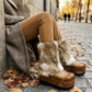 Aged beige handmade leather wedge boots with natural fur and 9 cm wooden wedge by Sol Caleyo