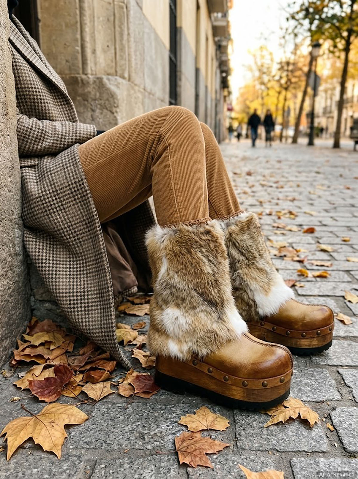Aged beige handmade leather wedge boots with natural fur and 9 cm wooden wedge by Sol Caleyo