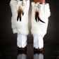 White fur boots with wooden wedge. White bohemian style leather boots. Handmade clogs shoes. White fur boots decorated with feathers, natural shells and horns. High-end handmade footwear by Sol Caleyo. Handmade Furry Shoes.