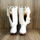 White handmade boho leather and rabbit fur wedge boots with carved bone, shells and feathers by Sol Caleyo