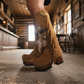 Camel suede cowboy boots. Clogs with hand-painted buffalo head, feathers, and fringes. Bohemian-style boots. High-end footwear handmade by Sol Caleyo.