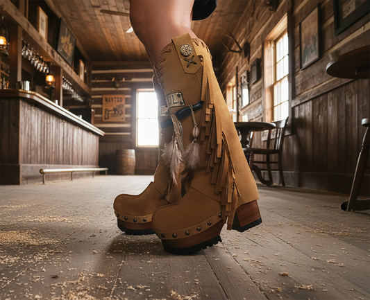 Camel suede cowboy boots. Clogs with hand-painted buffalo head, feathers, and fringes. Bohemian-style boots. High-end footwear handmade by Sol Caleyo.