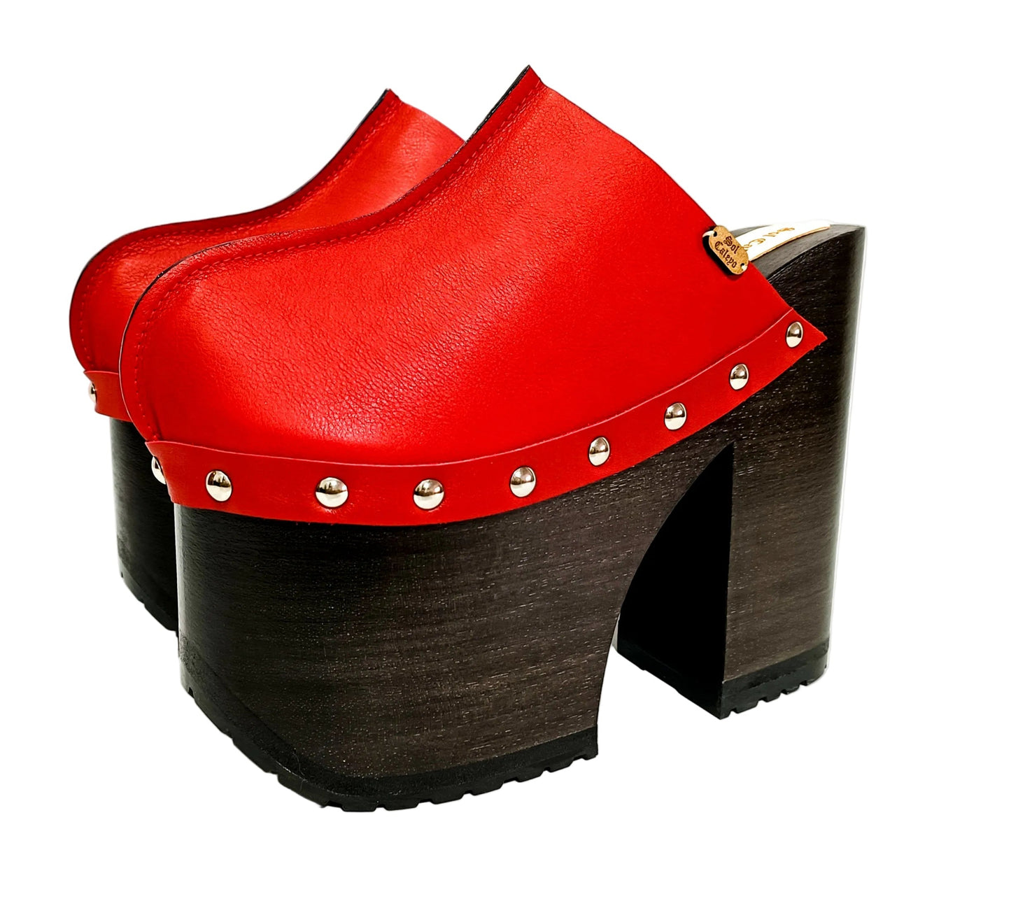 Red leather clog with super high wooden heel in vintage 70s style. Leather clog with platform and super high heel made in wood. Sizes 34 to 47. High quality leather shoes handmade by Sol Caleyo.