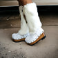 White fur boots with wooden wedge. White bohemian style leather boots. Handmade clogs shoes. White fur boots decorated with feathers, natural shells and horns. High-end handmade footwear by Sol Caleyo. Handmade Furry Shoes.