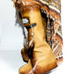Leather clog boot with wooden wedge. Leather boot with hand painted buffalo decorated with shells and feathers. Leather boot with wooden wedge in antique beige leather. Wooden wedge boot in far west style. Bohemian style leather boot. Sizes 34 to 47. High quality leather footwear handmade by sol Caleyo. Sustainable fashion.