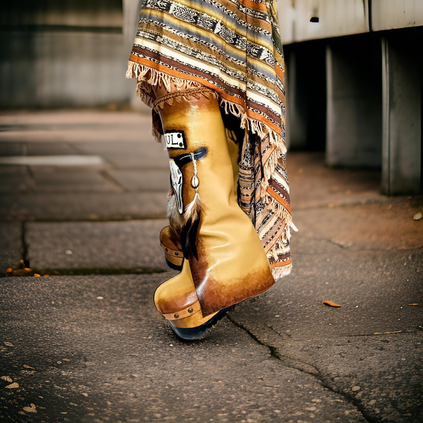 Cowhide leather clog boot with wooden wedge. Rodeo Fashion Girl. Cowgirl Outfits. Hand painted buffalo leather boot decorated with shells and feathers. Leather boot with wooden wedge in antique beige leather. Wooden wedge boot in western girl style. Bohemian style leather boot. Sizes 34 to 47. High quality leather shoes handmade by sol Caleyo. Sustainable fashion.