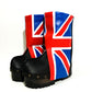 Biker style leather clog boots with English flag design. Leather clog boot made entirely by hand. Sizes 34 to 47. England boots are an exclusive design by Sol Caleyo.