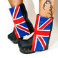 Biker style leather clog boots with English flag design. Leather clog boot made entirely by hand. Sizes 34 to 47. England boots are an exclusive design by Sol Caleyo.