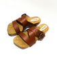 Brown clog sandal for men. Leather sandal for men. Men's sandal with wooden sole. Men's sandal with straps. High quality handmade leather shoes by sol Caleyo. Sustainable fashion.