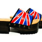 Platform clog sandals with exclusive England flag design, Vintage style platform clogs with England flag. Clogs Sandals with wooden heel. Sizes 34 to 47. England clogs are an exclusive design by Sol Caleyo.