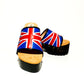 Platform clog sandals with exclusive England flag design, Vintage style platform clogs with England flag. Clogs Sandals with wooden heel. Sizes 34 to 47. England clogs are an exclusive design by Sol Caleyo.