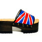 Platform clog sandals with exclusive England flag design, Vintage style platform clogs with England flag. Clogs Sandals with wooden heel. Sizes 34 to 47. England clogs are an exclusive design by Sol Caleyo.