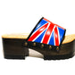 Platform clog sandals with exclusive England flag design, Vintage style platform clogs with England flag. Clogs Sandals with wooden heel. Sizes 34 to 47. England clogs are an exclusive design by Sol Caleyo.