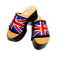 Platform clog sandals with exclusive England flag design, Vintage style platform clogs with England flag. Clogs Sandals with wooden heel. Sizes 34 to 47. England clogs are an exclusive design by Sol Caleyo.