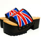 Platform clog sandals with exclusive England flag design, Vintage style platform clogs with England flag. Clogs Sandals with wooden heel. Sizes 34 to 47. England clogs are an exclusive design by Sol Caleyo.