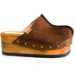 Vintage style leather clogs with wooden wedge. Brown croco clogs 70's style. High-end footwear handmade by Sol Caleyo. Sizes from 33 to 47.