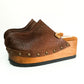 Vintage style leather clogs with wooden wedge. Brown croco clogs 70's style. High-end footwear handmade by Sol Caleyo. Sizes from 33 to 47.