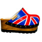 English flag clogs 70's style. Vintage style wooden wedge clogs. Vintage style wooden wedge mules. High-end footwear handmade by Sol Caleyo.