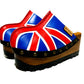 English flag clogs 70's style. Vintage style wooden wedge clogs. Vintage style wooden wedge mules. High-end footwear handmade by Sol Caleyo.