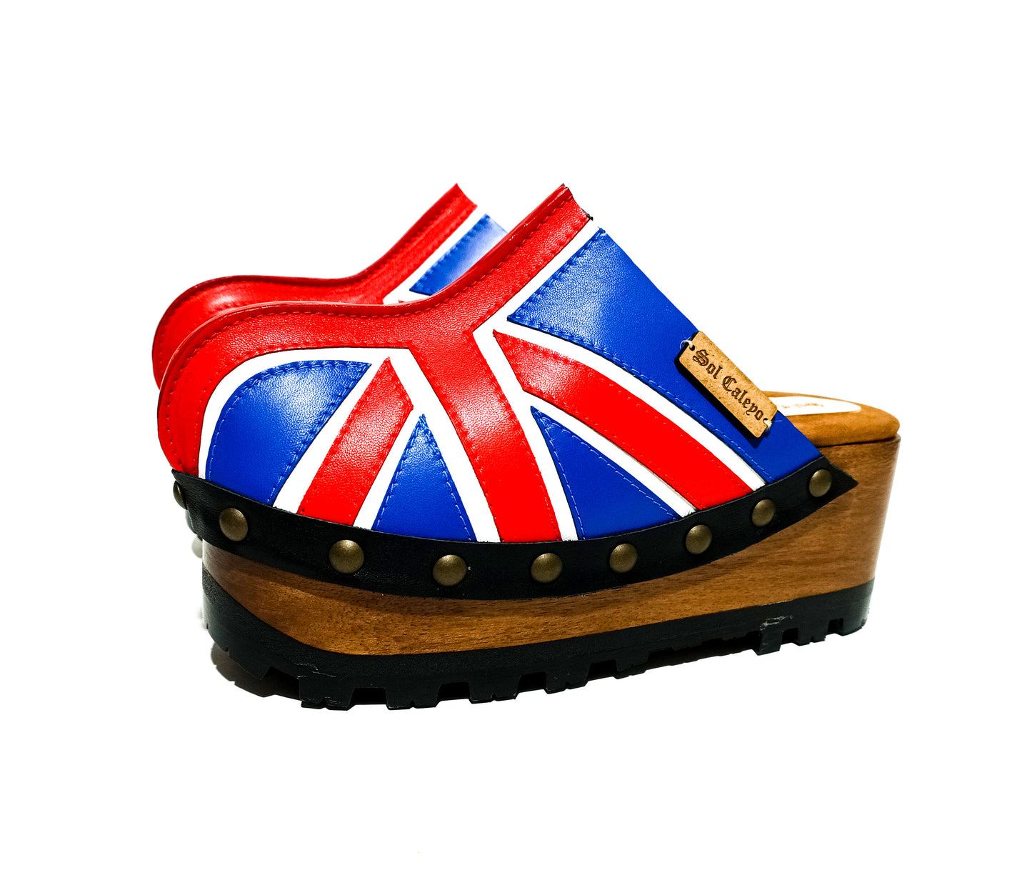 English flag clogs 70's style. Vintage style wooden wedge clogs. Vintage style wooden wedge mules. High-end footwear handmade by Sol Caleyo.