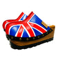 English flag clogs 70's style. Vintage style wooden wedge clogs. Vintage style wooden wedge mules. High-end footwear handmade by Sol Caleyo.