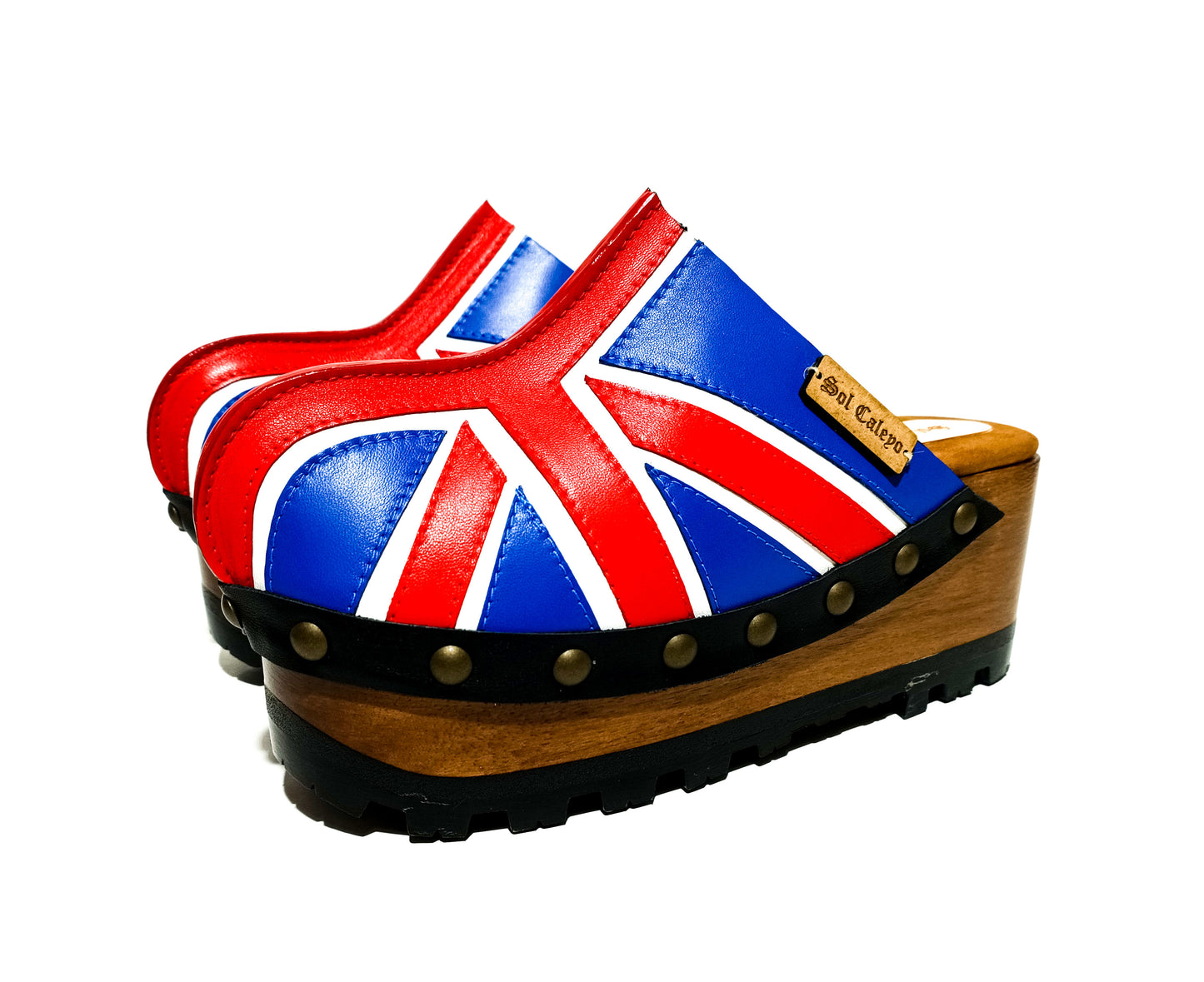 English flag clogs 70's style. Vintage style wooden wedge clogs. Vintage style wooden wedge mules. High-end footwear handmade by Sol Caleyo.