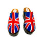 English flag clogs 70's style. Vintage style wooden wedge clogs. Vintage style wooden wedge mules. High-end footwear handmade by Sol Caleyo.