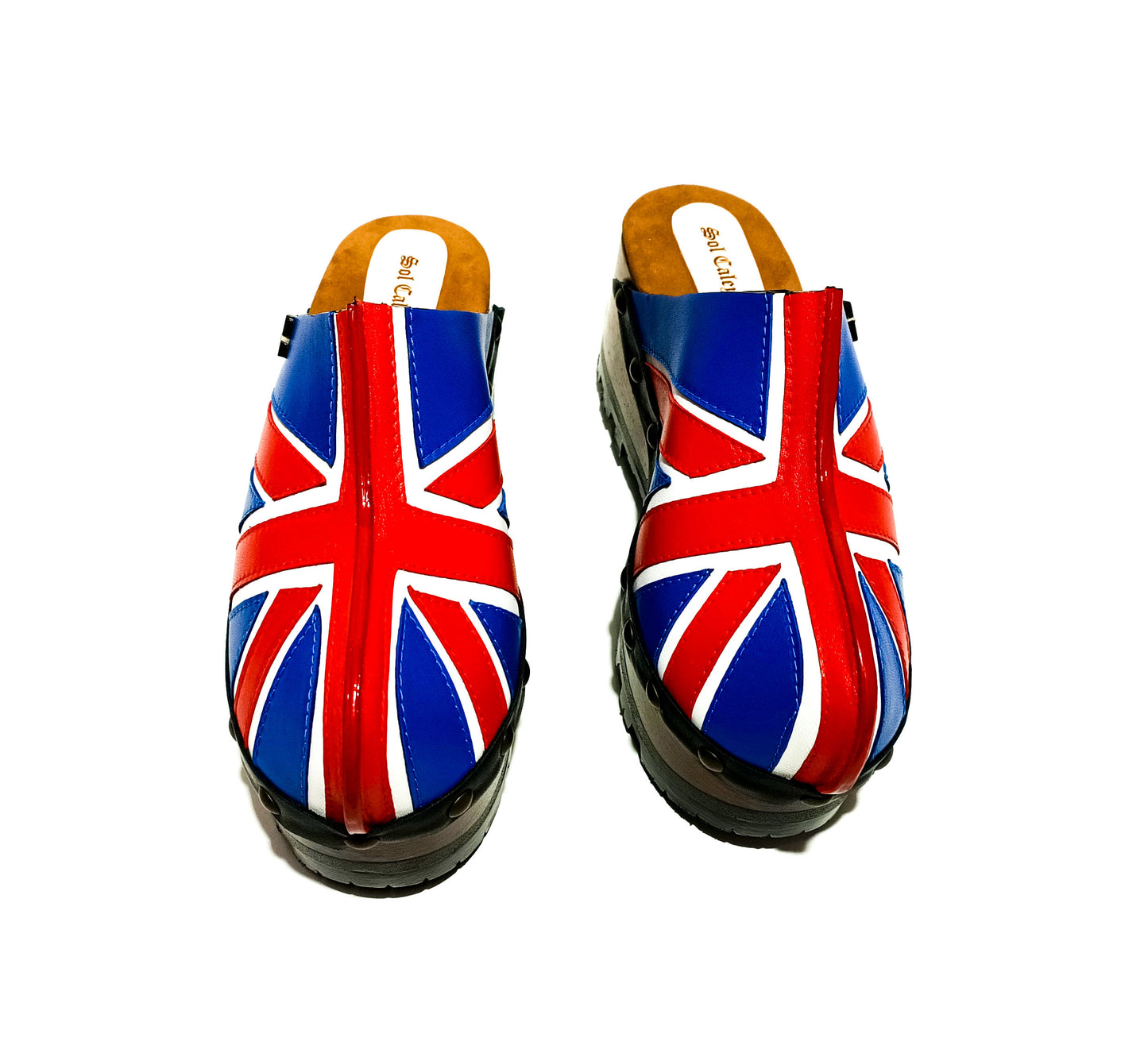 English flag clogs 70's style. Vintage style wooden wedge clogs. Vintage style wooden wedge mules. High-end footwear handmade by Sol Caleyo.