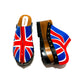 English flag clogs 70's style. Vintage style wooden wedge clogs. Vintage style wooden wedge mules. High-end footwear handmade by Sol Caleyo.