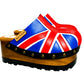 English flag clogs 70's style. Vintage style wooden wedge clogs. Vintage style wooden wedge mules. High-end footwear handmade by Sol Caleyo.