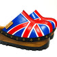 English flag clogs 70's style. Vintage style wooden wedge clogs. Vintage style wooden wedge mules. High-end footwear handmade by Sol Caleyo.