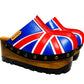 English flag clogs 70's style. Vintage style wooden wedge clogs. Vintage style wooden wedge mules. High-end footwear handmade by Sol Caleyo.