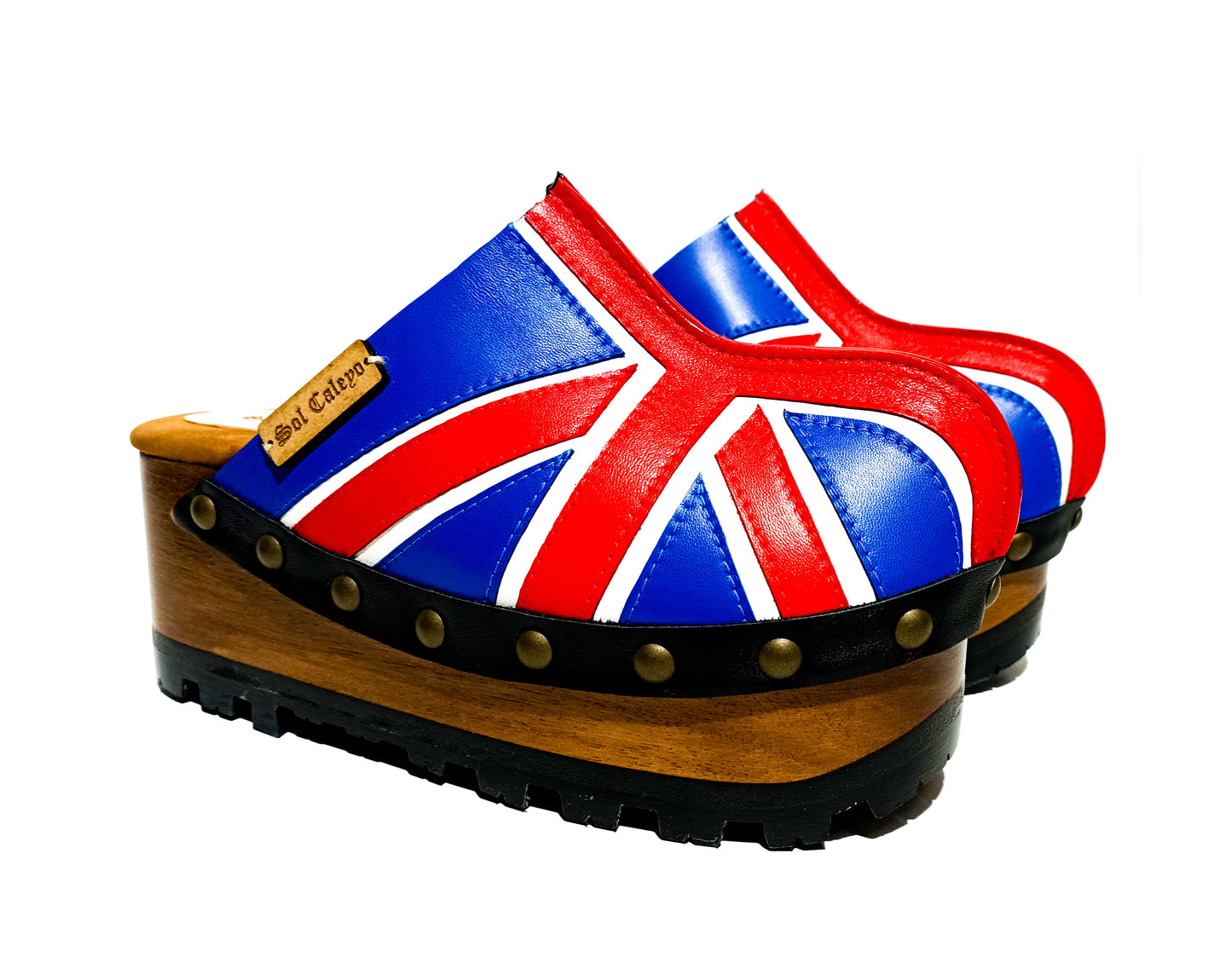 English flag clogs 70's style. Vintage style wooden wedge clogs. Vintage style wooden wedge mules. High-end footwear handmade by Sol Caleyo.