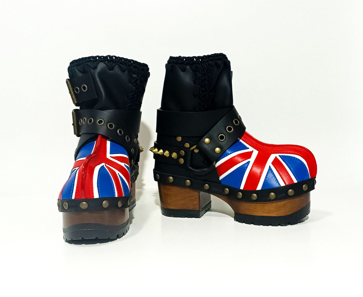 Biker style platform boots with England flag. Leather ankle boots with england flag, buckles and studs. High-end handmade footwear by Sol Caleyo.