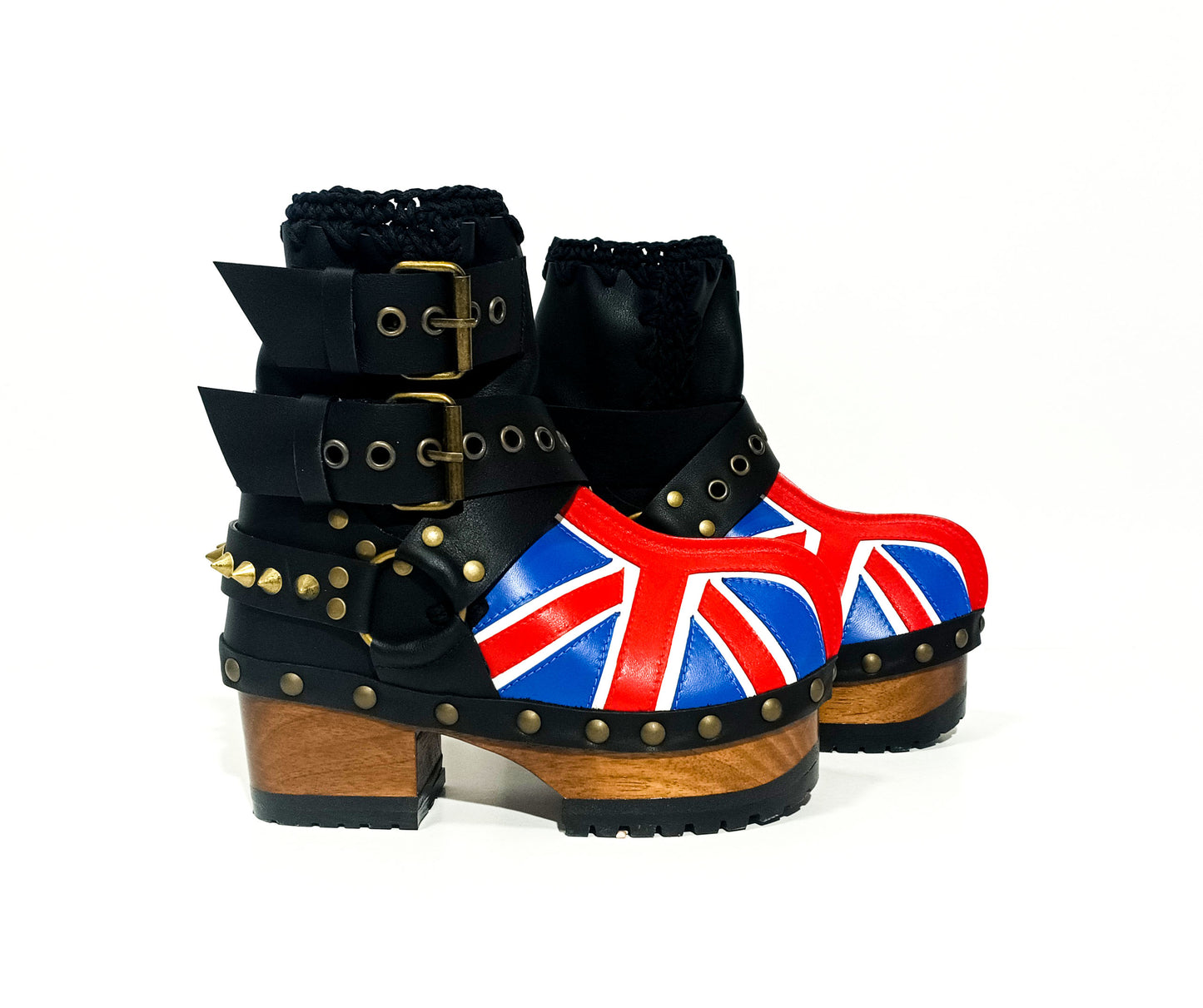 Biker style platform boots with England flag. Leather ankle boots with england flag, buckles and studs. High-end handmade footwear by Sol Caleyo.