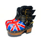 Biker style platform boots with England flag. Leather ankle boots with england flag, buckles and studs. High-end handmade footwear by Sol Caleyo.