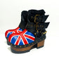 Biker style platform boots with England flag. Leather ankle boots with england flag, buckles and studs. High-end handmade footwear by Sol Caleyo.