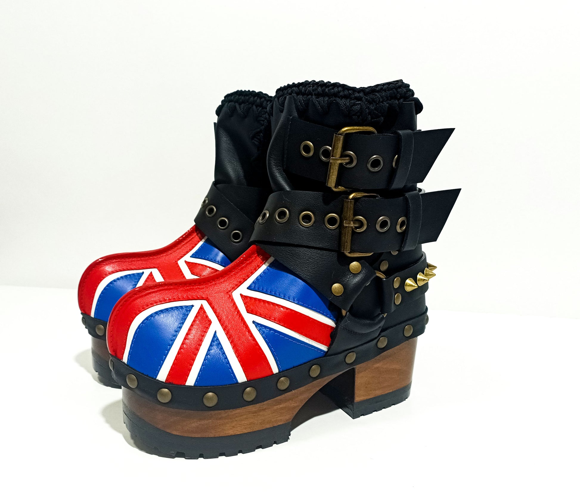 Biker style platform boots with England flag. Leather ankle boots with england flag, buckles and studs. High-end handmade footwear by Sol Caleyo.