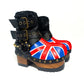 Biker style platform boots with England flag. Leather ankle boots with england flag, buckles and studs. High-end handmade footwear by Sol Caleyo.