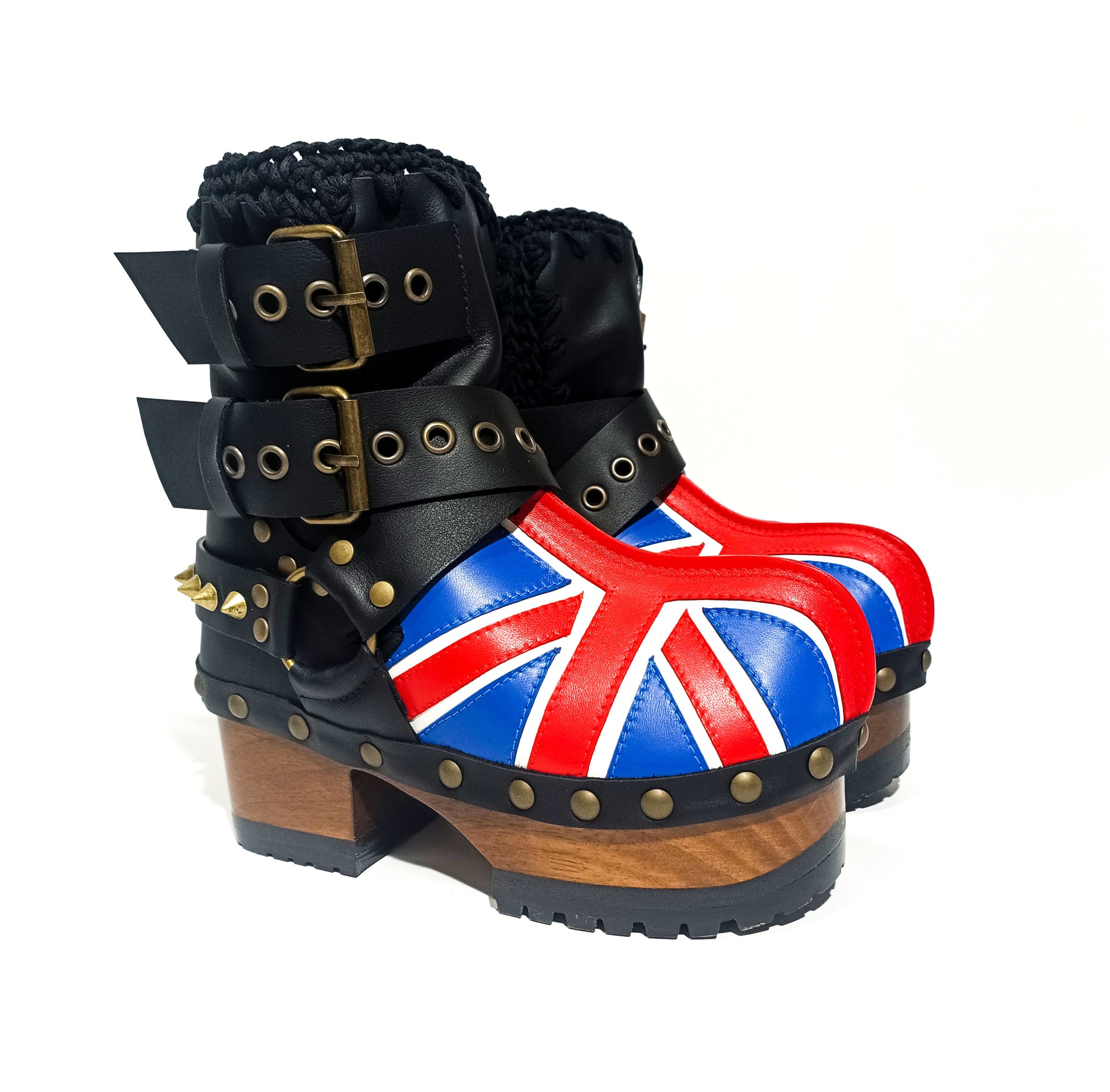 Biker style platform boots with England flag. Leather ankle boots with england flag, buckles and studs. High-end handmade footwear by Sol Caleyo.