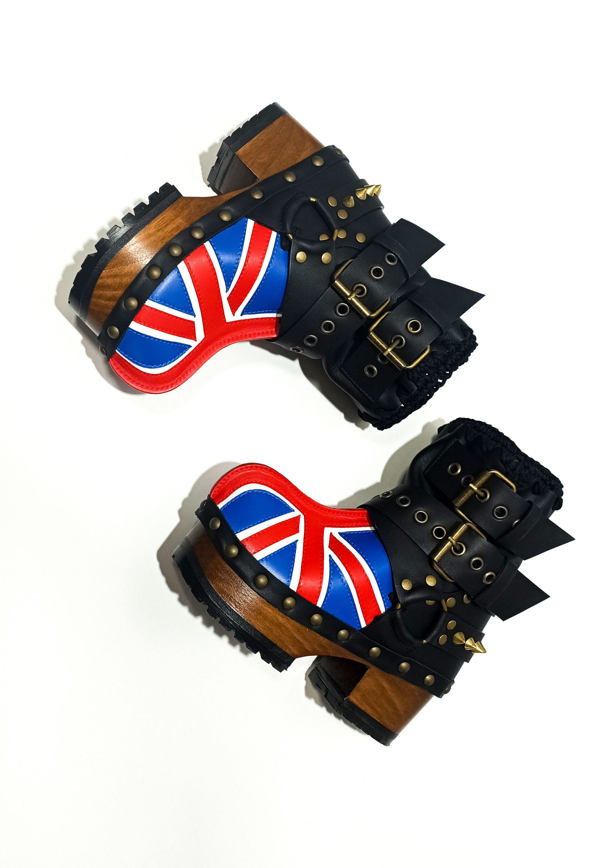 Biker style platform boots with England flag. Leather ankle boots with england flag, buckles and studs. High-end handmade footwear by Sol Caleyo.