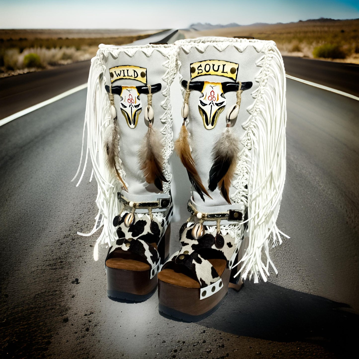 Handmade cowboy boots, white boots with cowhide and fringes. Cowboy style boots with hand painted buffalo, feathers, coins and natural shells. Vintage style platform boots. High-end leather footwear handmade by Sol Caleyo