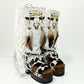 Handmade cowboy boots, white boots with cowhide and fringes. Cowboy style boots with hand painted buffalo, feathers, coins and natural shells. Vintage style platform boots. High-end leather footwear handmade by Sol Caleyo.