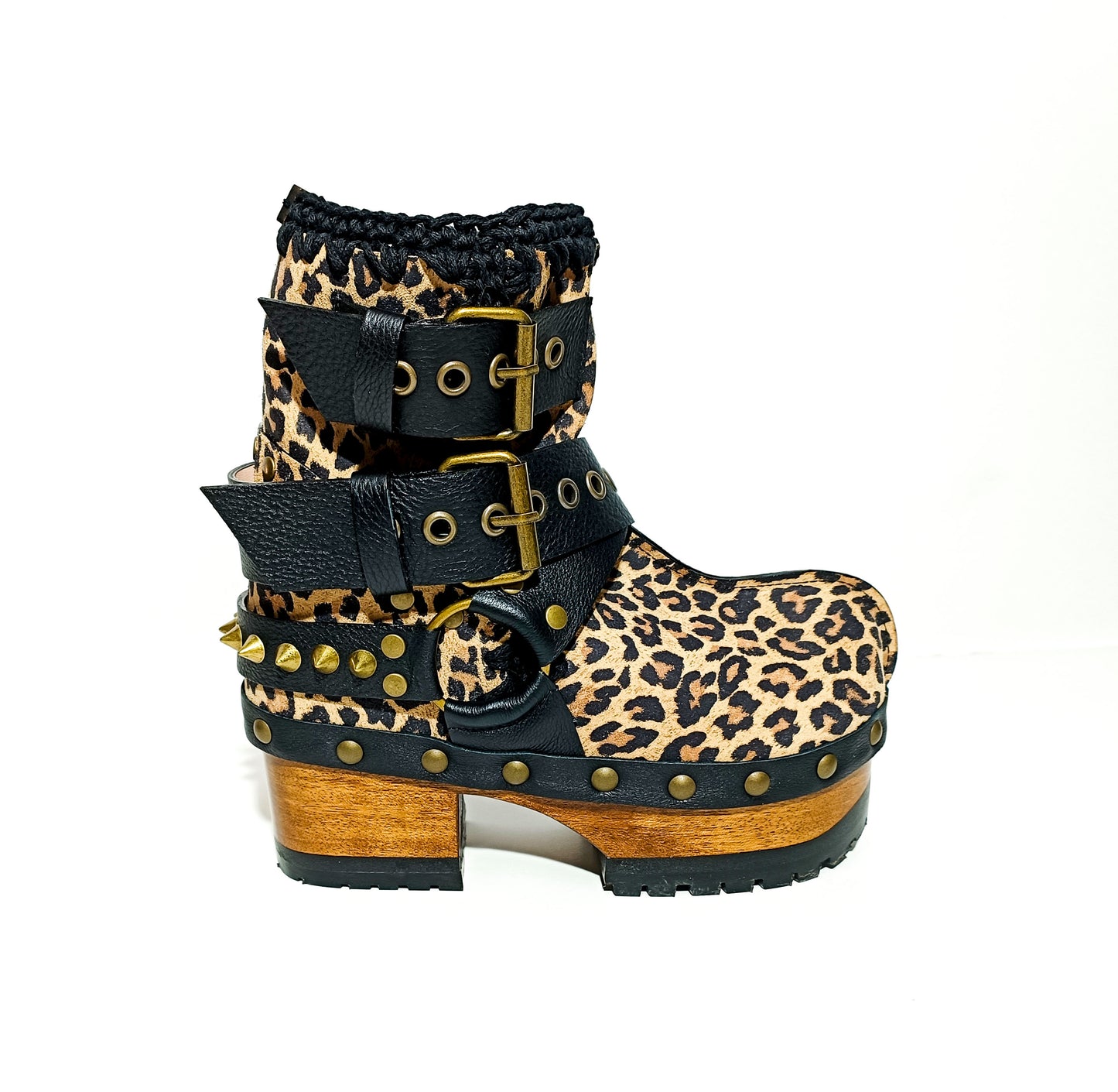 Leopard ankle boots with biker style buckles. Biker style ankle boots. Handmade leather ankle boots. High-end handmade shoes made to order.