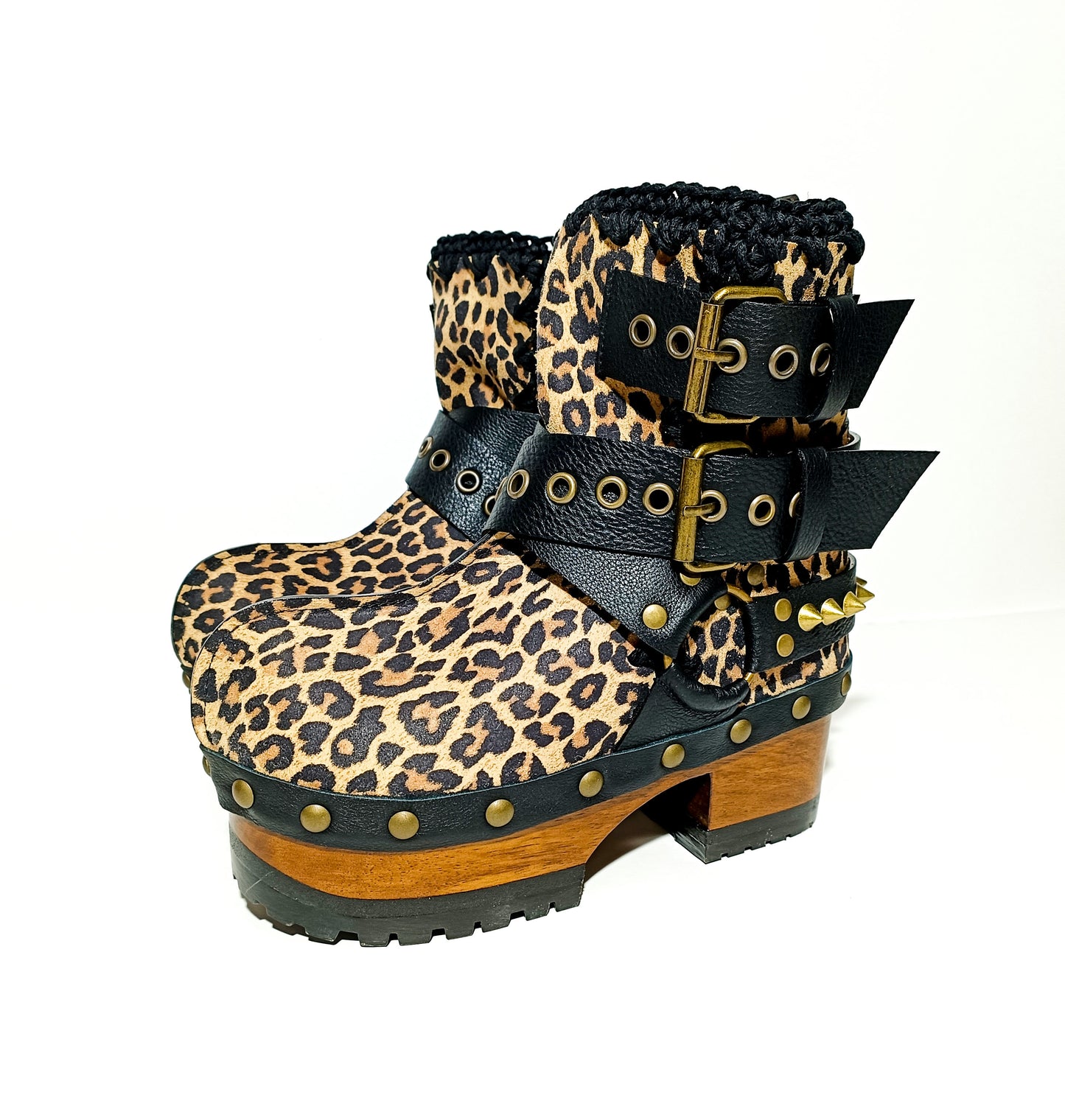 Leopard ankle boots with biker style buckles. Biker style ankle boots. Handmade leather ankle boots. High-end handmade shoes made to order.